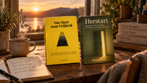 Illustratie van de boeken Van Start naar Vrijheid en Herstart naast elkaar op een houten tafel bij zonsondergang. De boeken symboliseren twee verschillende fasen van ondernemerschap. Op een open notitieboek staat de tekst: ‘Eerst leren kijken. Dan leren dragen.’ Rechts staat een stapel boeken met de woorden Twee boeken. Twee fasen. Eén lijn.