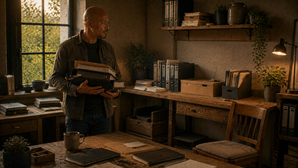 Persoon houdt meerdere dossiers en documenten vast in een werkkamer met ordners, werkmaterialen en archiefkasten.