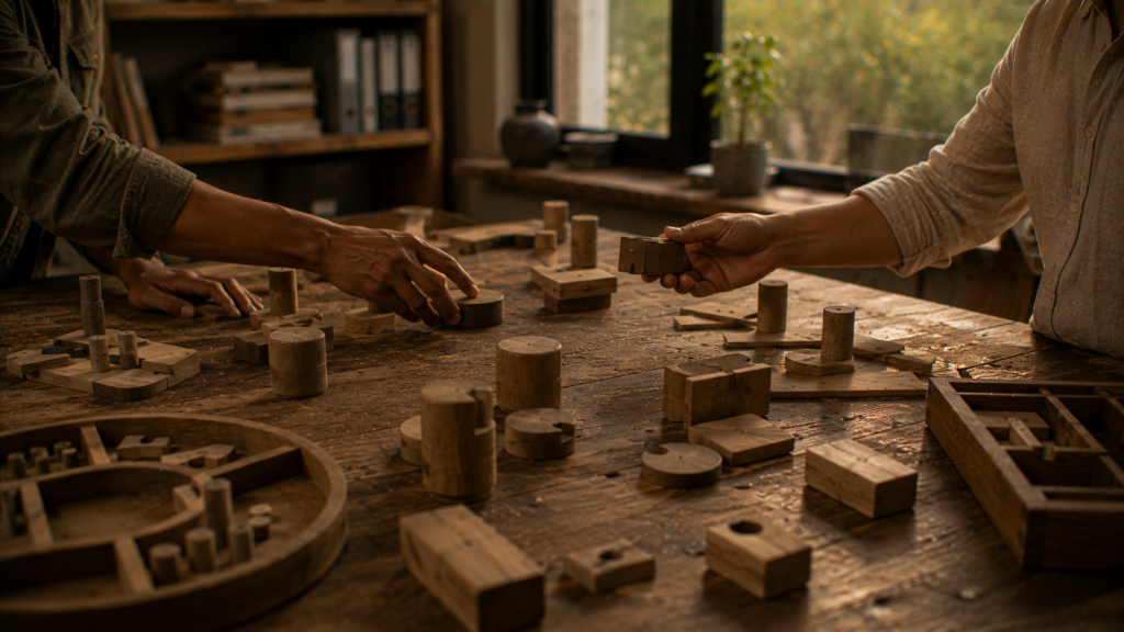 Houten bouwonderdelen liggen verspreid op een tafel terwijl twee personen onderdelen aan elkaar doorgeven tijdens het bouwen van een structuur.