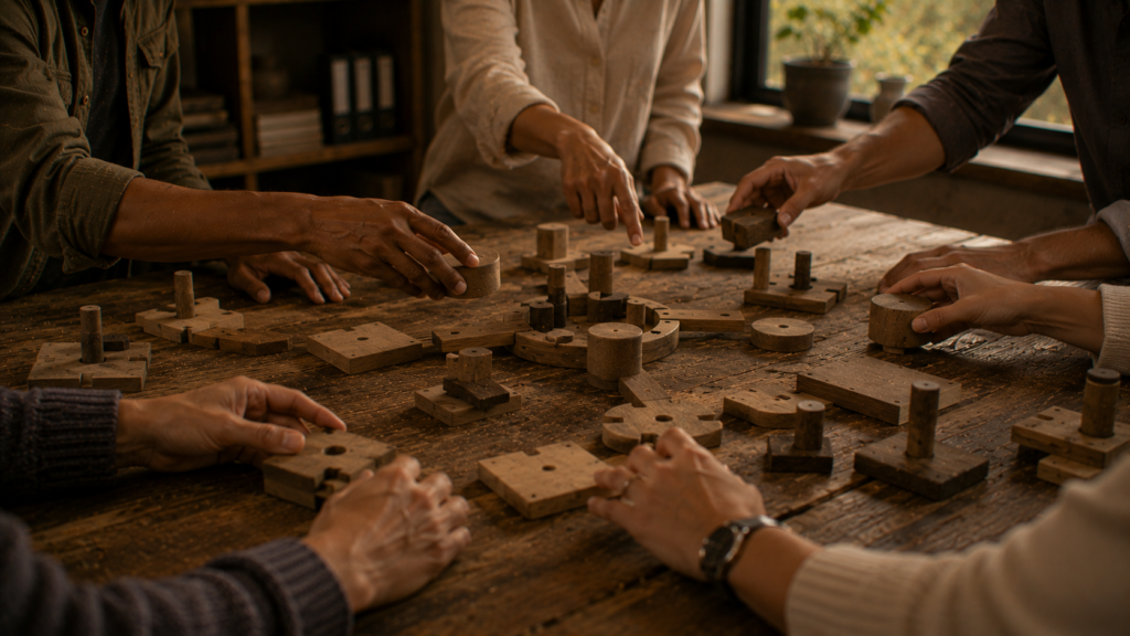 Meerdere personen plaatsen houten bouwonderdelen op een tafel terwijl gezamenlijk aan een constructie wordt gewerkt.