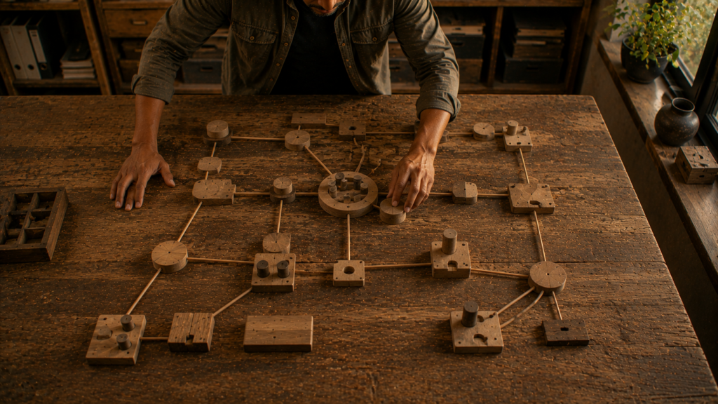 Persoon staat boven een tafel met verbonden houten onderdelen die samen een netwerk of systeem vormen. De onderdelen zijn met elkaar verbonden en tonen de onderlinge samenhang binnen een structuur.