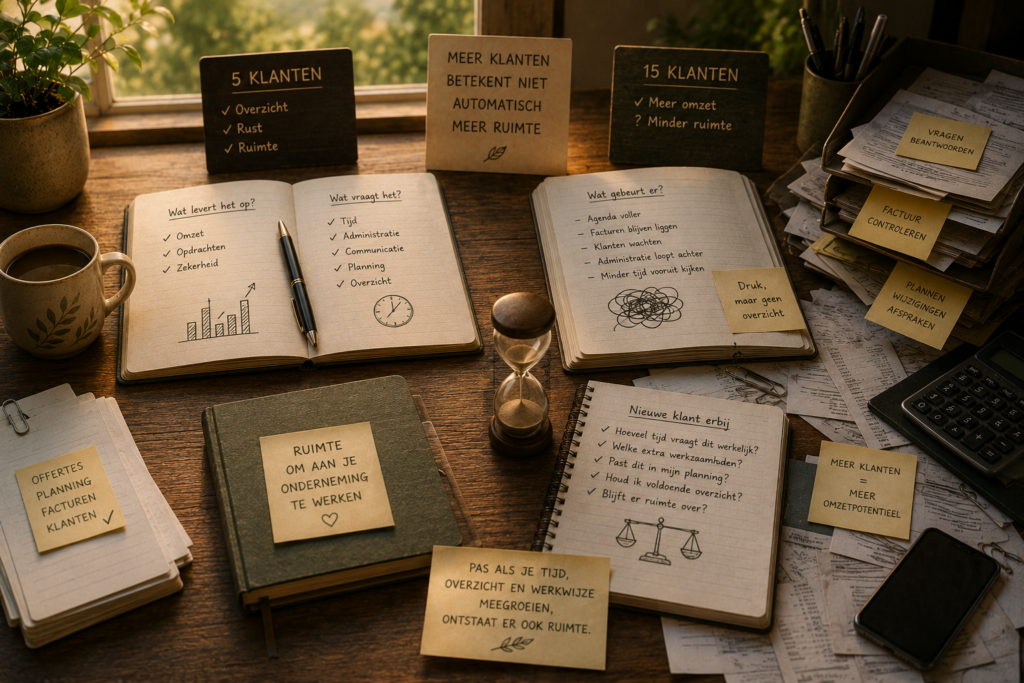 Werktafel met notitieboeken, facturen, planningsoverzichten en administratieve documenten. De afbeelding vergelijkt de voordelen van meer klanten met de extra tijd, organisatie en structuur die groei vraagt.