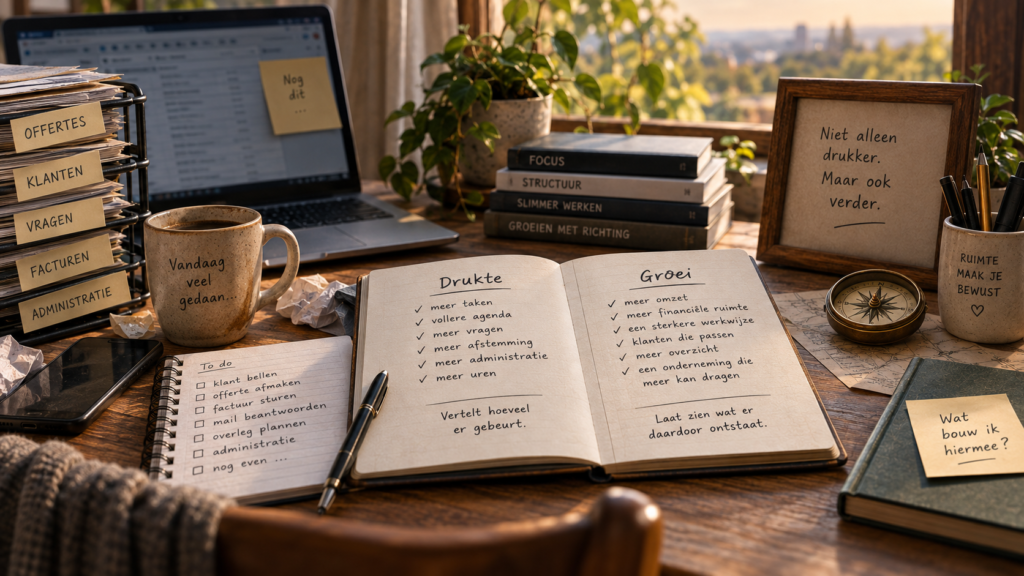 Werktafel van een ondernemer met laptop, administratie, offertes, facturen en een open notitieboek waarin drukte wordt vergeleken met groei. Op de werkplek liggen to-do lijsten, notities en hulpmiddelen voor planning en overzicht.